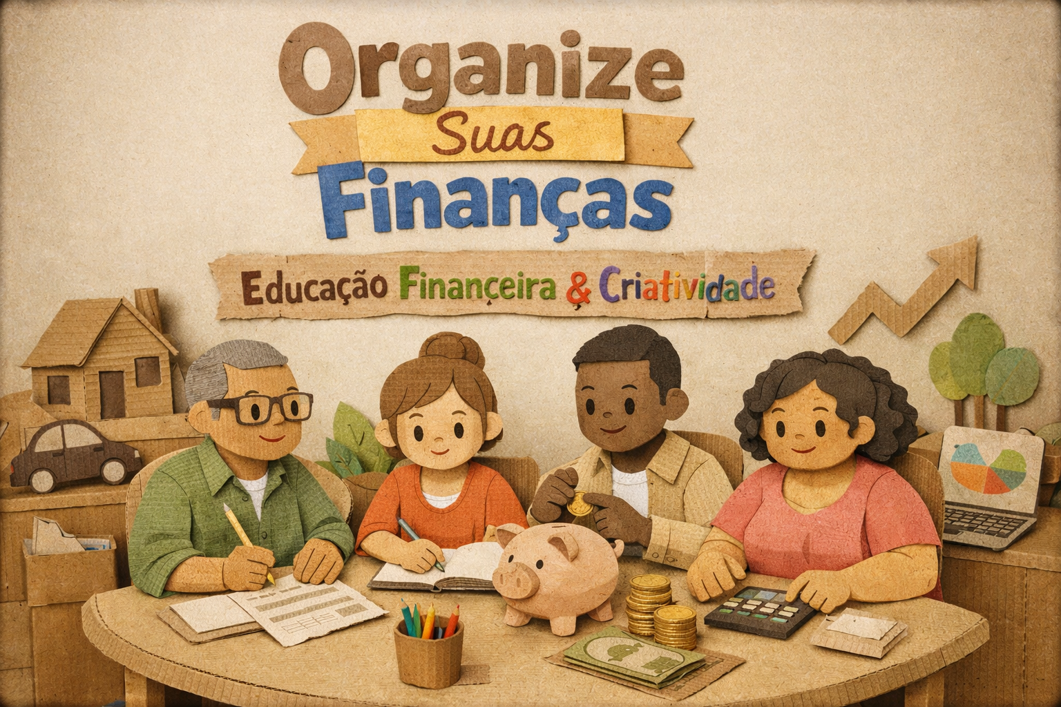 Família reunida organizando finanças de forma colaborativa